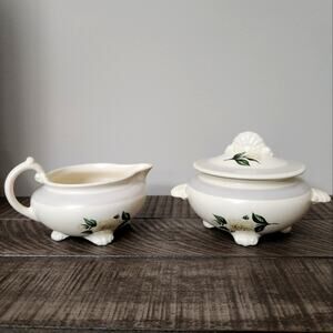 Vintage Homer Laughlin Nautilus Grey Gardenia Footed Sugar Bowl Lid Creamer Set
